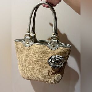 COACH Bleeker Natural Straw Tote Bag Leather Flower & Straps Woven‎ F13373 L